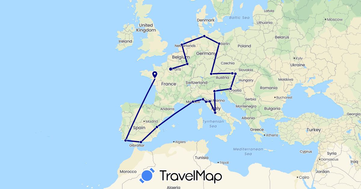 TravelMap itinerary: driving in Austria, Germany, Spain, France, Croatia, Italy, Luxembourg, Monaco, Netherlands, Portugal, Slovakia (Europe)